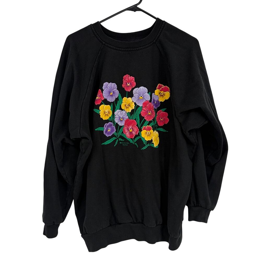 Morning Sun Vintage Black Floral Print Crewneck Sweatshirt Size M/L